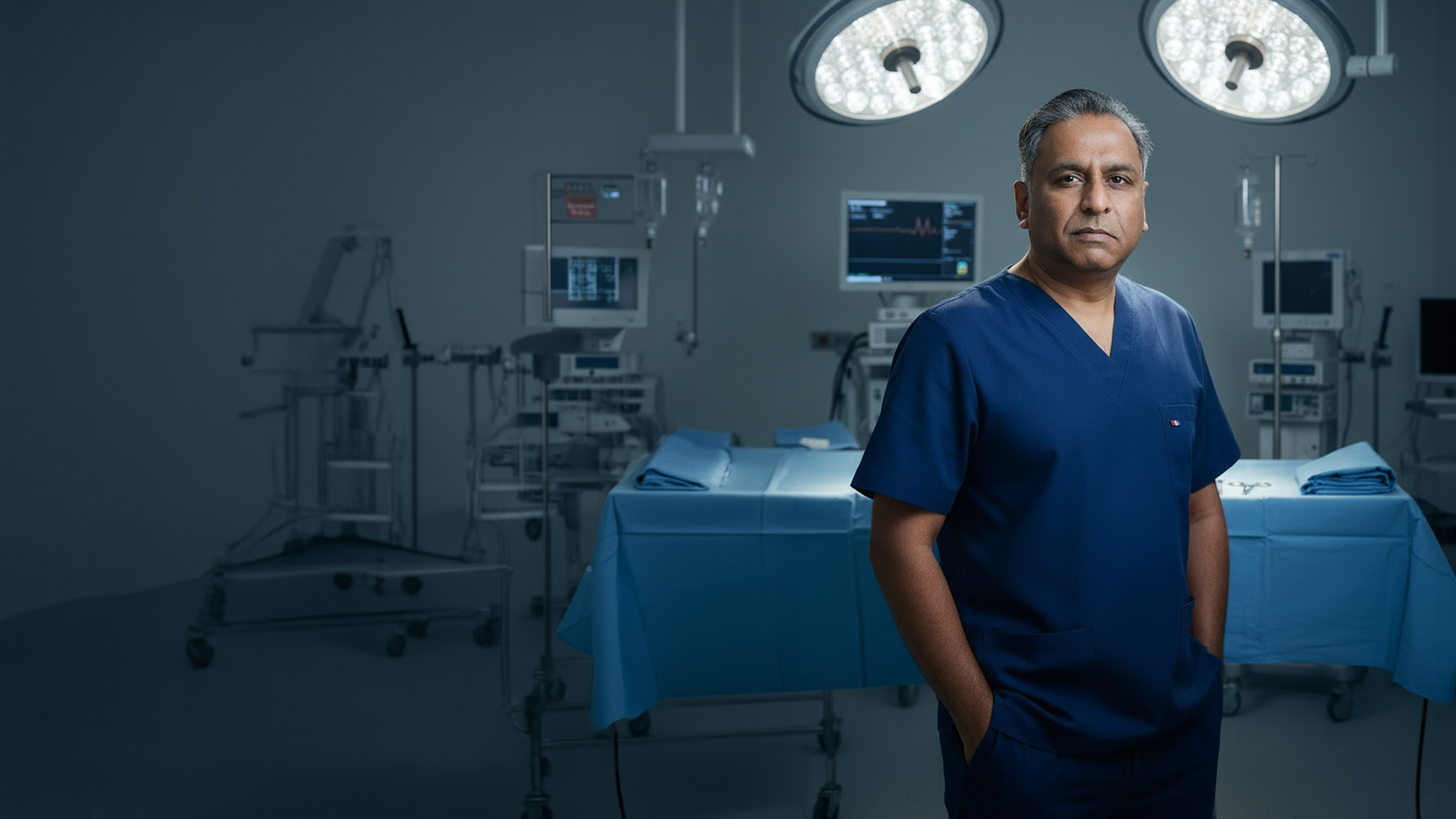 Dr. Surindher in navy surgical scrubs standing in an operating theatre